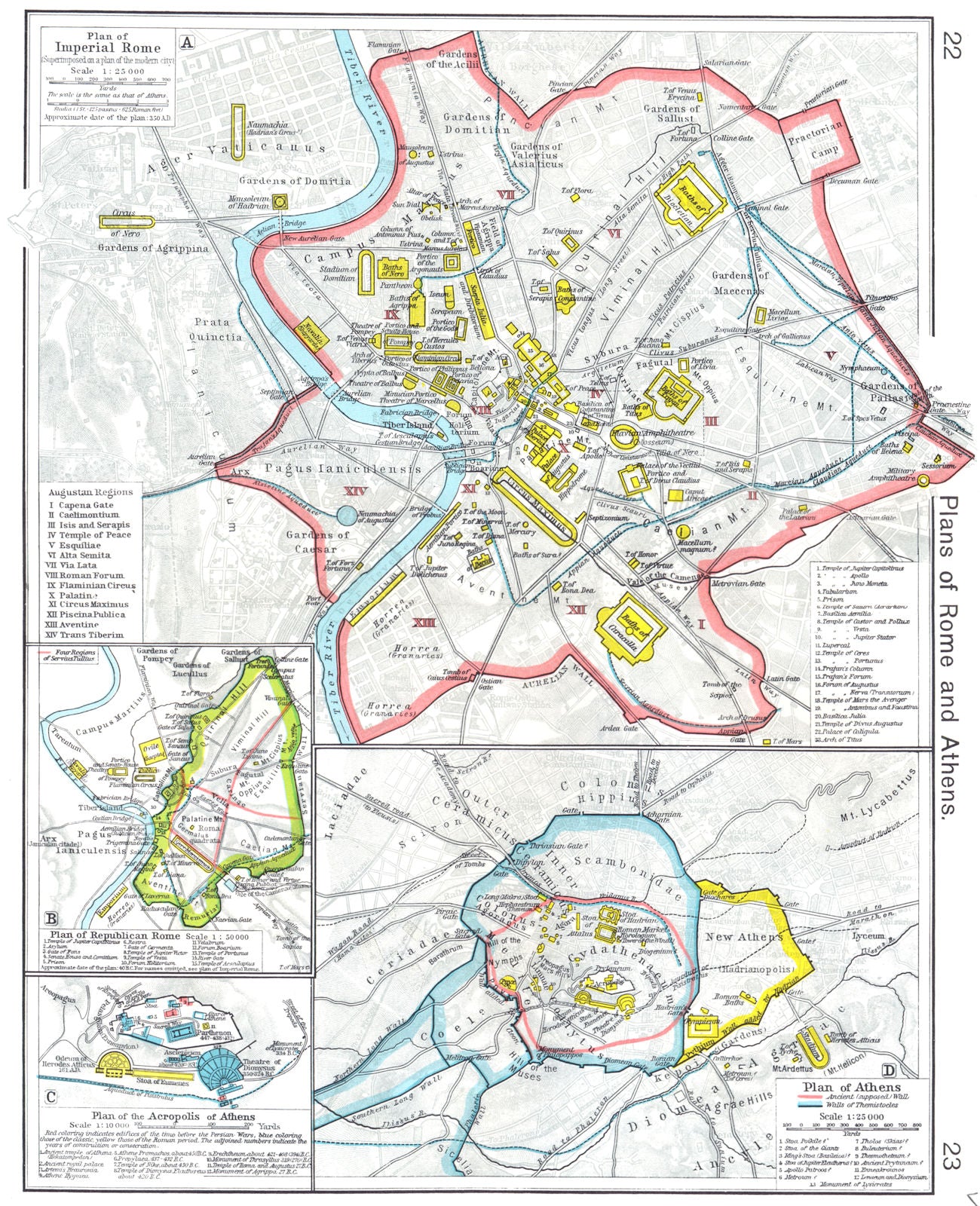 ROME. Plan Imperial; Insets. Republican; Acropolis of Athens;  1956 old map